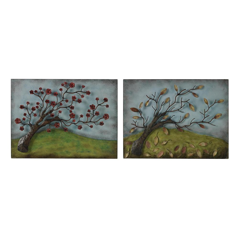 ELK Home 51-10112/S2 Autumn And Spring-Set Of 2 Metal Autumn And Spring Pictures  in Hand Painted Green / Blue / Brown / Red With Antique